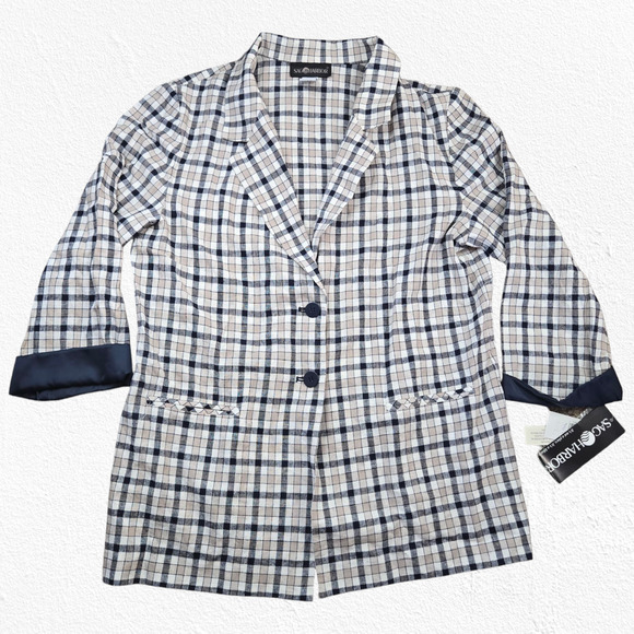 Y2K Vintage Cream Navy Plaid Linen Blend Satin Contrast Blazer Jacket Size 18 - Picture 1 of 11